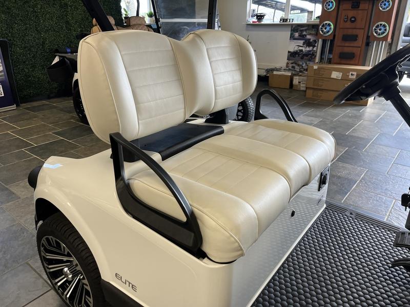 Seats and interior of 2024 E-Z-GO Freedom RXV ELiTE Lithium Bright White in Los Angeles California