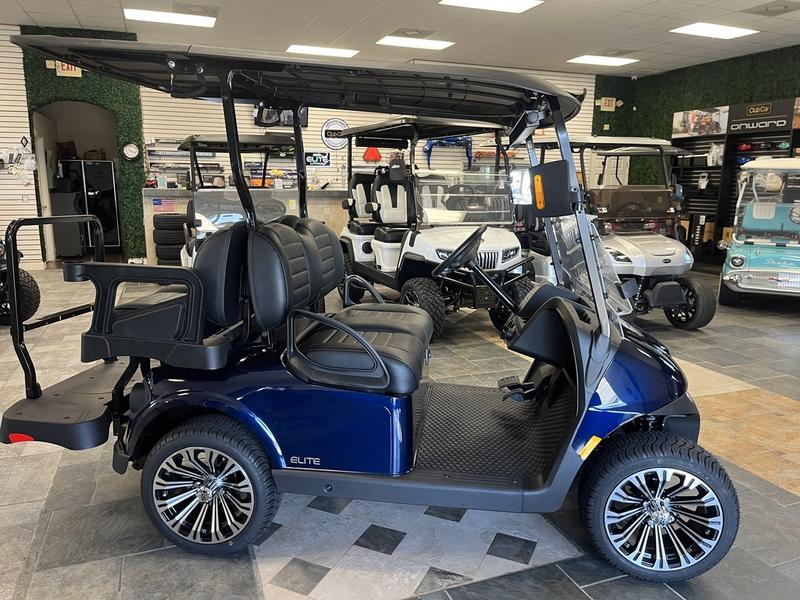 Front view of 2024 E-Z-GO Freedom RXV ELiTE Lithium Patriot Blue in Detroit Michigan