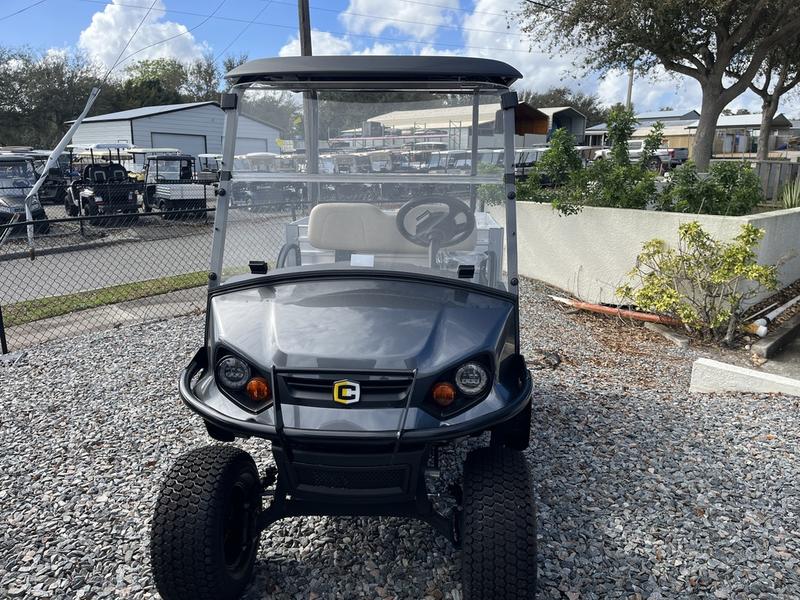 Front angle of 2025 Evolution D5-Maverick 6 Plus Texas White six-seater golf cart