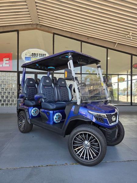 Front view of 2025 Evolution D-Max GT4 Blue golf cart available in Illinois with nationwide delivery and export options