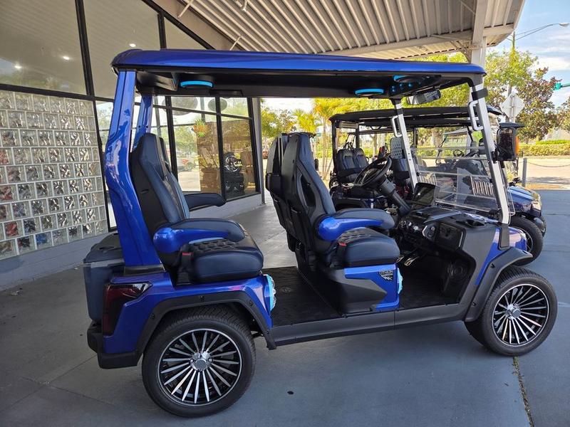 Four-passenger seating in 2025 Evolution D-Max GT4 Blue golf cart available in Illinois with export and nationwide delivery