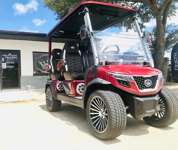 Dashboard interior of 2025 Evolution D-Max GT4 Red golf cart with nationwide and export delivery from New York