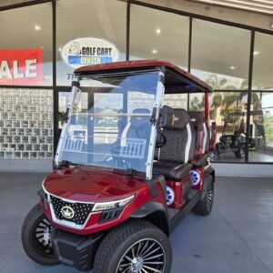 Front view of 2025 Evolution D-Max GT4 Red electric golf cart available in California