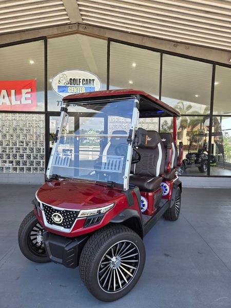 Front view of 2025 Evolution D-Max GT4 Red electric golf cart available in California