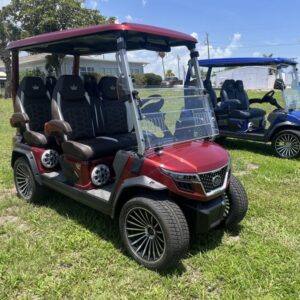 Front view of 2025 Evolution D-Max GT4 Red golf cart available in Virginia with nationwide delivery and export options
