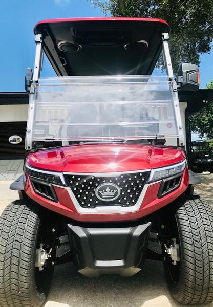 LED lights and alloy wheels of 2025 Evolution D-Max GT4 Red golf cart available in New York with export and nationwide delivery
