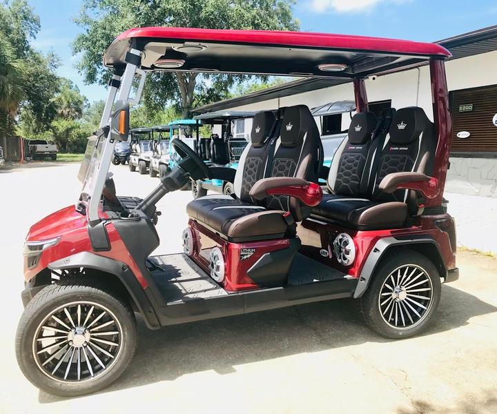 Four-passenger seating layout of 2025 Evolution D-Max GT4 Red electric golf cart available in New York with export and nationwide delivery