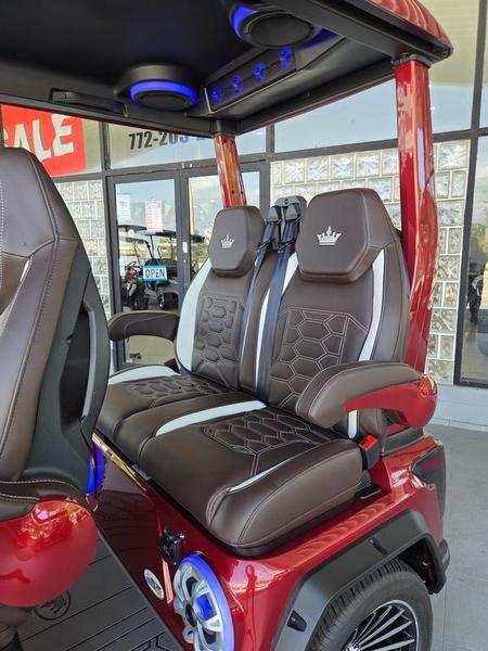 Side profile of 2025 Evolution D-Max GT4 Red golf cart available in California