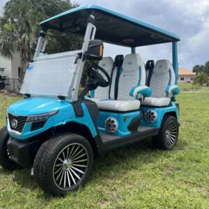 Front view of 2025 Evolution D-Max GT4 Sky Blue electric golf cart with nationwide delivery and export options