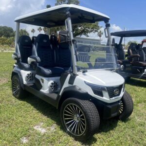 Front view of 2025 Evolution D-Max GT4 White golf cart available in Alabama with nationwide delivery and export options