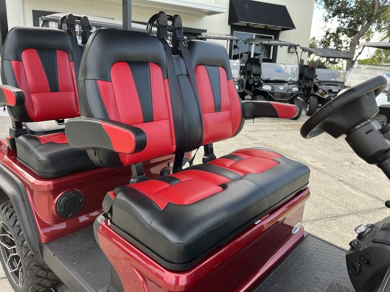 Four-passenger seating of 2025 Evolution D5-Maverick 4 red golf cart