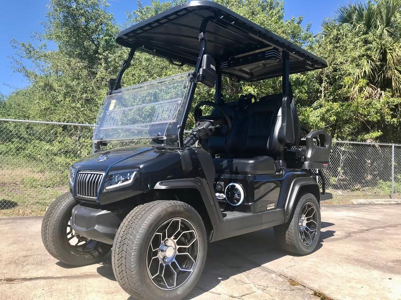 Front view of 2025 Evolution D5-Ranger 2+2 Plus Black four-passenger golf cart available in Ohio, nationwide delivery, and export
