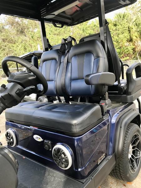 Four-passenger seating of 2025 Evolution D5-Ranger 2+2 Plus Blue golf cart available in California, nationwide, and export