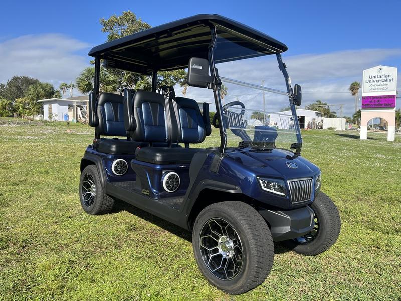 Front view of 2025 Evolution D5-Ranger 4 Plus Blue golf cart available in Texas with nationwide delivery and export options