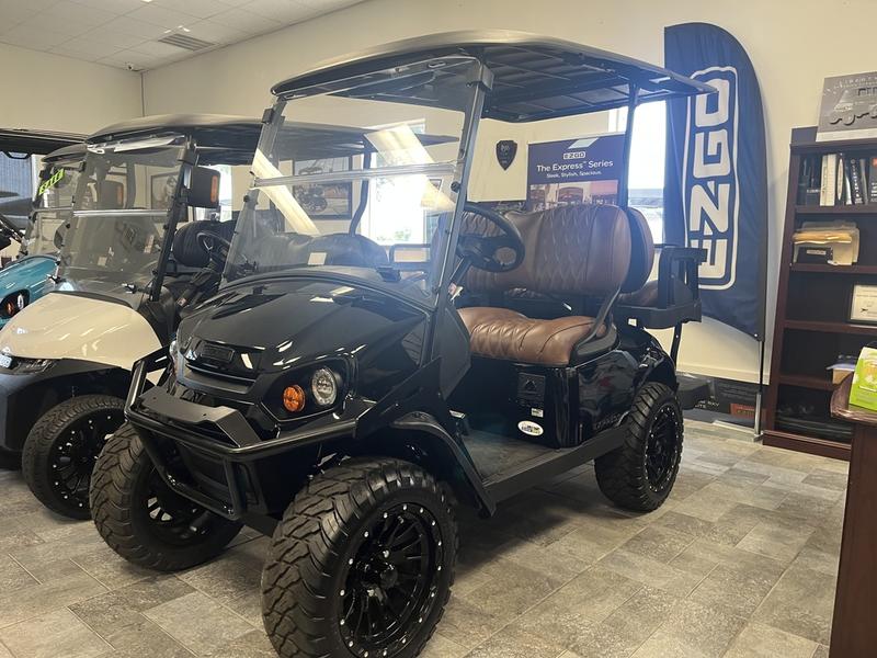 Side view of 2025 E-Z-GO Express 4 ELiTE Lithium Lifted Black in Chicago Illinois