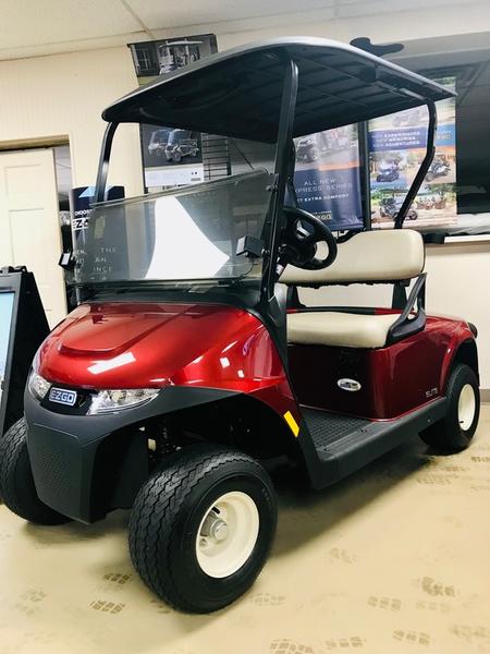 Side view of 2025 E-Z-GO Freedom RXV ELiTE Lithium Inferno Red in Chicago Illinois