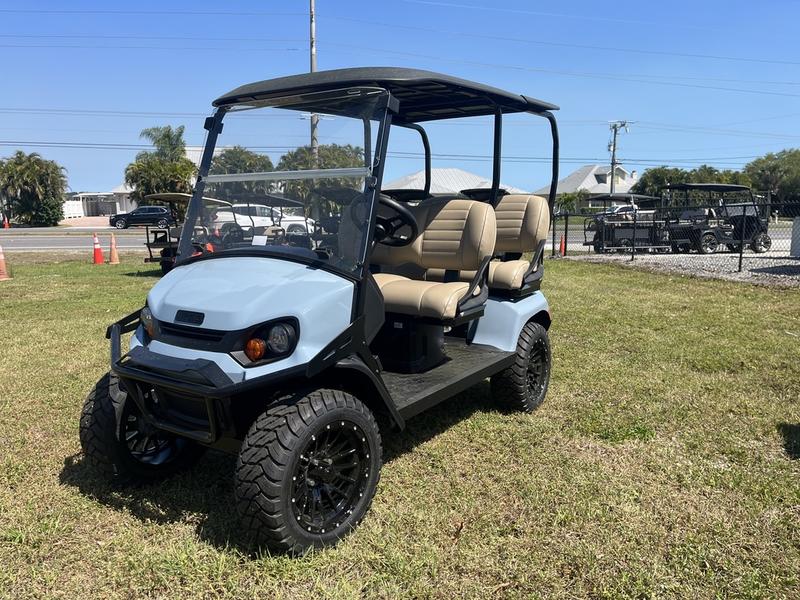 Side view of 2025 E-Z-GO Liberty ELiTE Lithium Ocean Grey in Dallas Texas