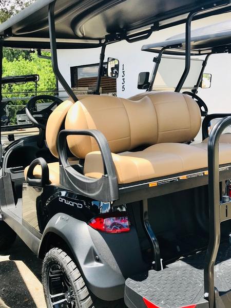 Four-passenger luxury seating inside black 2026 Club Car Onward Lifted Gas available in Georgia
