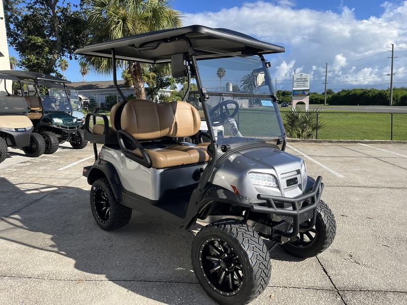 Front LED headlights on 2026 Club Car Onward Lifted 4 Passenger Gas grey golf cart in Texas