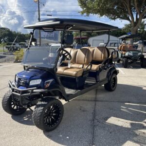 Six-passenger premium seating inside 2026 Club Car Onward Lifted Gas blue Michigan