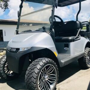 Front angle of 2024 E-Z-GO Valor EX1 Gas Platinum golf cart in Virginia Beach Virginia showing sleek platinum finish and headlights