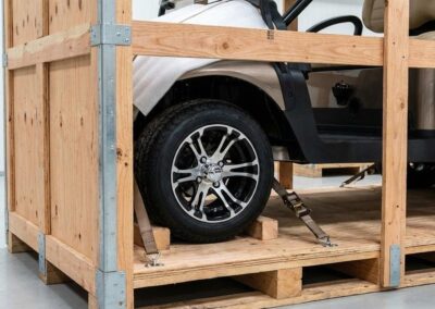 Heavy-duty wooden shipping crate for international golf cart export from Brooklyn.