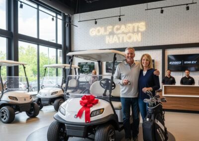 A couple posing with their new EZGO golf cart inside our Brooklyn showroom.