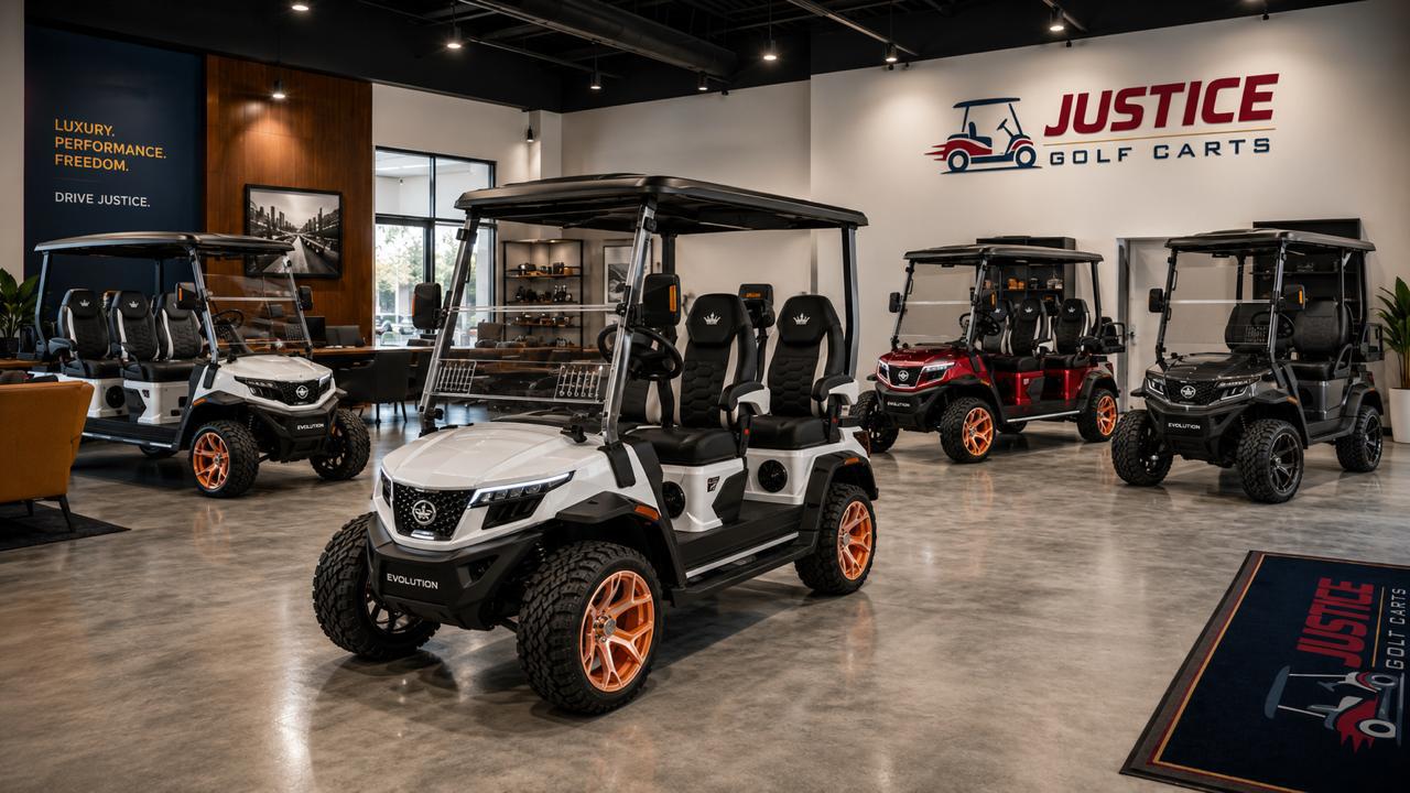 Evolution D-Max XT4 Pearl White and Flamenco Red golf carts with D5 Maverick models in the Justice Golf Carts showroom