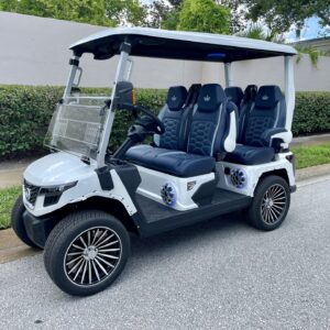 2026 Evolution D-Max GT4 Pearl White | Navy Blue 4-Seater Lithium Golf Cart