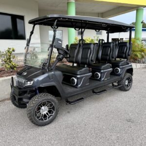Front three-quarter view of the 2026 Evolution D5 Maverick 6 electric golf cart in Charcoal Gray