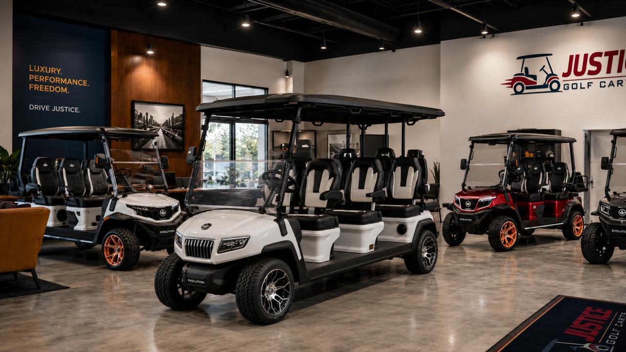 6-Seater Golf Carts for Sale at Justice Golf Carts 6-seater golf cart displayed at Justice Golf Carts for families resorts and commercial buyers