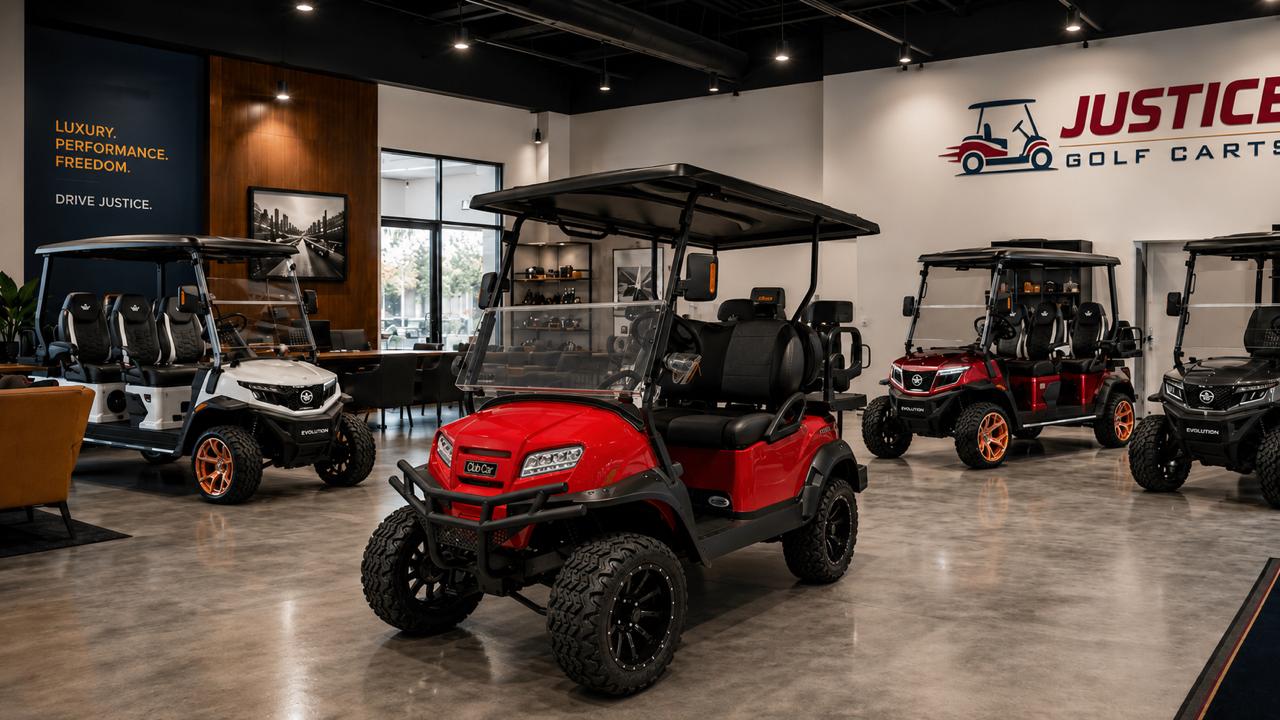 Club Car Golf Carts for Sale at Justice Golf Carts Club Car golf cart displayed at Justice Golf Carts showroom for premium cart buyers