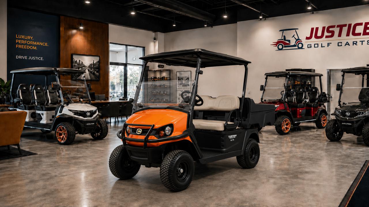 Cushman utility cart displayed at Justice Golf Carts showroom for commercial and property buyers