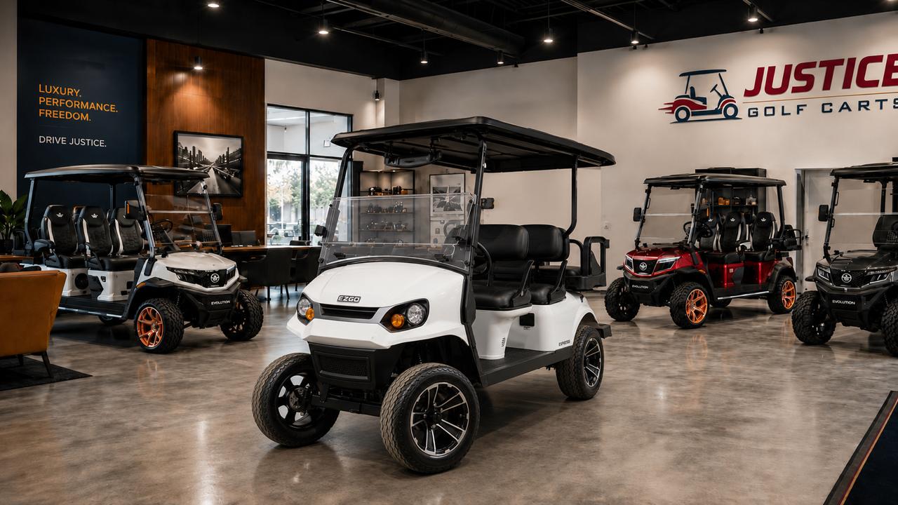 E-Z-GO Golf Carts for Sale at Justice Golf Carts E-Z-GO golf cart displayed at Justice Golf Carts showroom for reliable cart buyers