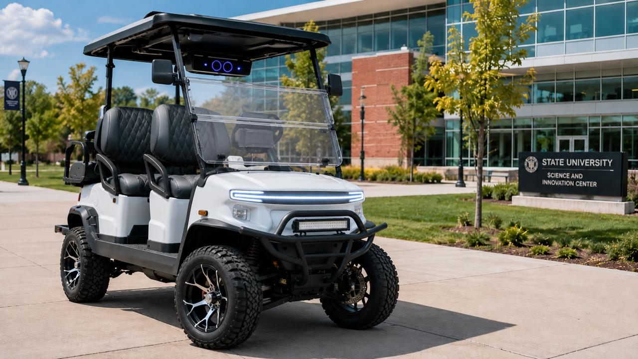 Golf Carts for Campuses and Universities at Justice Golf Carts Golf cart for campuses and universities displayed near a modern academic building