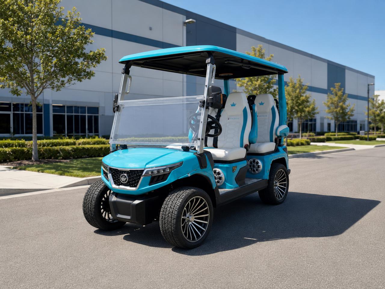 Golf Carts for Commercial Facilities at Justice Golf Carts Golf cart for commercial facilities near a warehouse and large work site