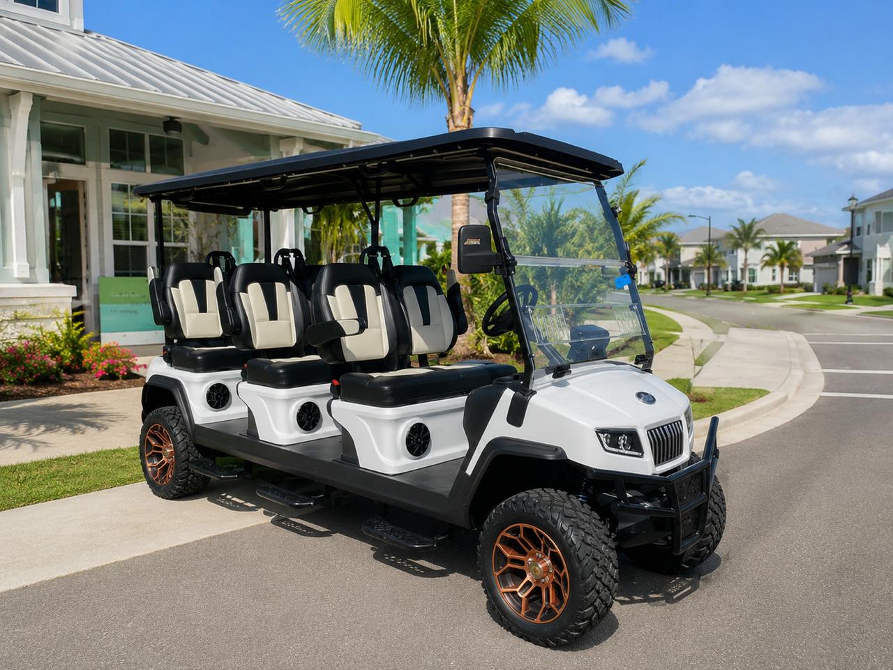 Golf Carts for Communities and Neighborhoods at Justice Golf Carts Golf cart for communities and neighborhoods displayed near a residential clubhouse
