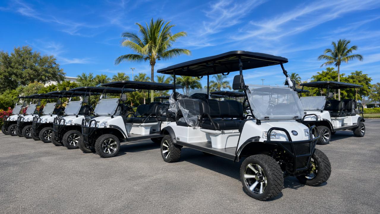 Golf Carts for Dealerships and Resellers at Justice Golf Carts Golf carts for dealerships and resellers displayed in a clean dealership inventory lot