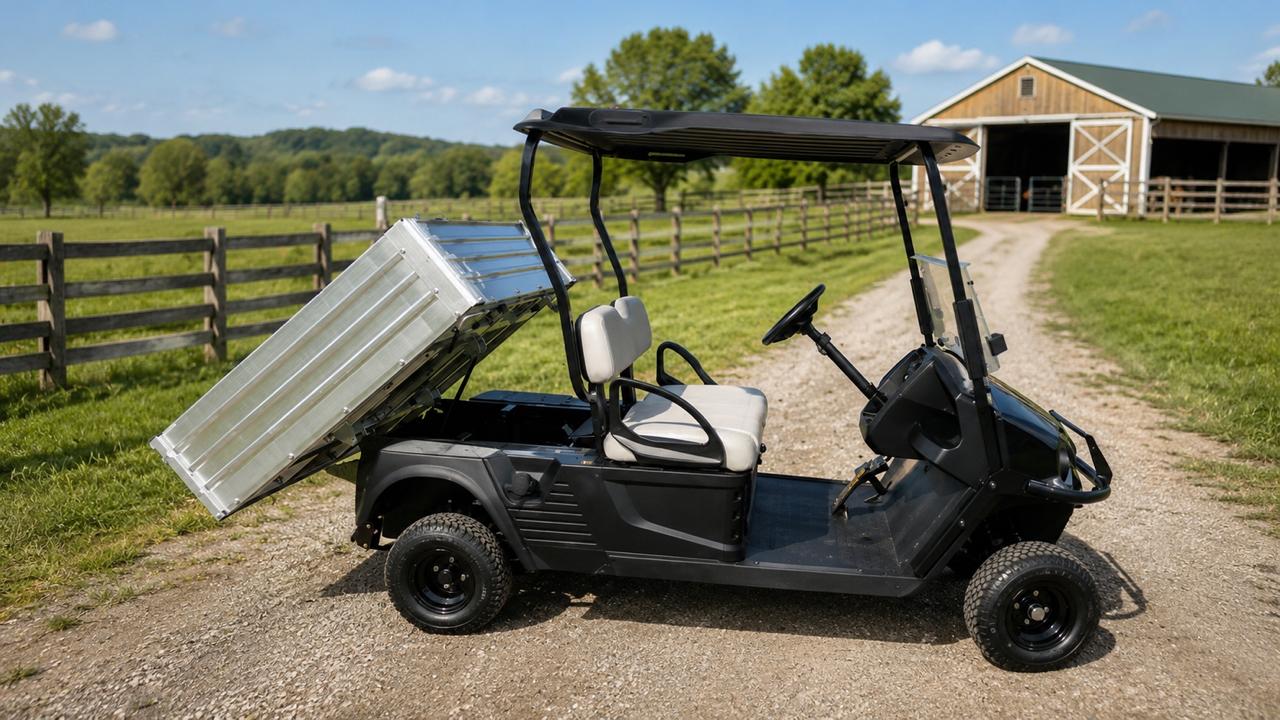 Golf Carts for Farms and Ranches at Justice Golf Carts Golf cart for farms and ranches on a rural property road near a barn and open land