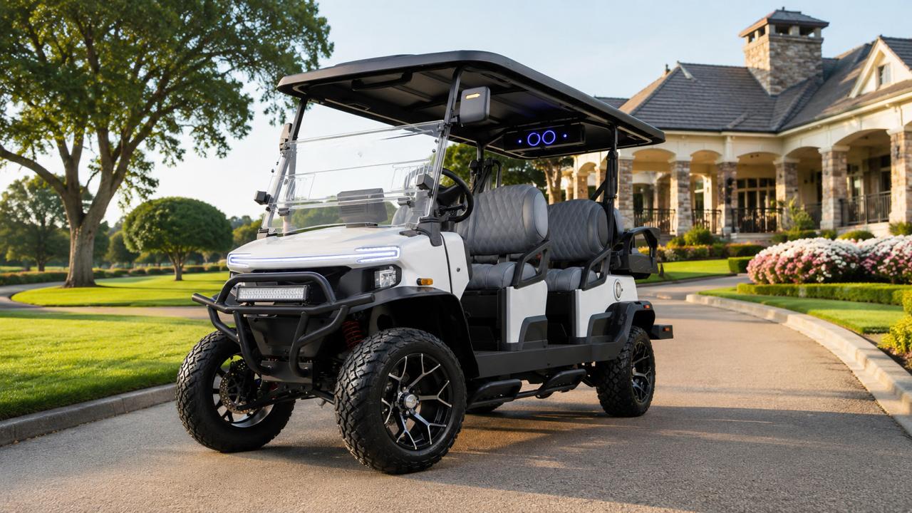 Golf Carts for Golf Courses and Country Clubs at Justice Golf Carts Golf cart for golf courses and country clubs displayed on a course path near a clubhouse