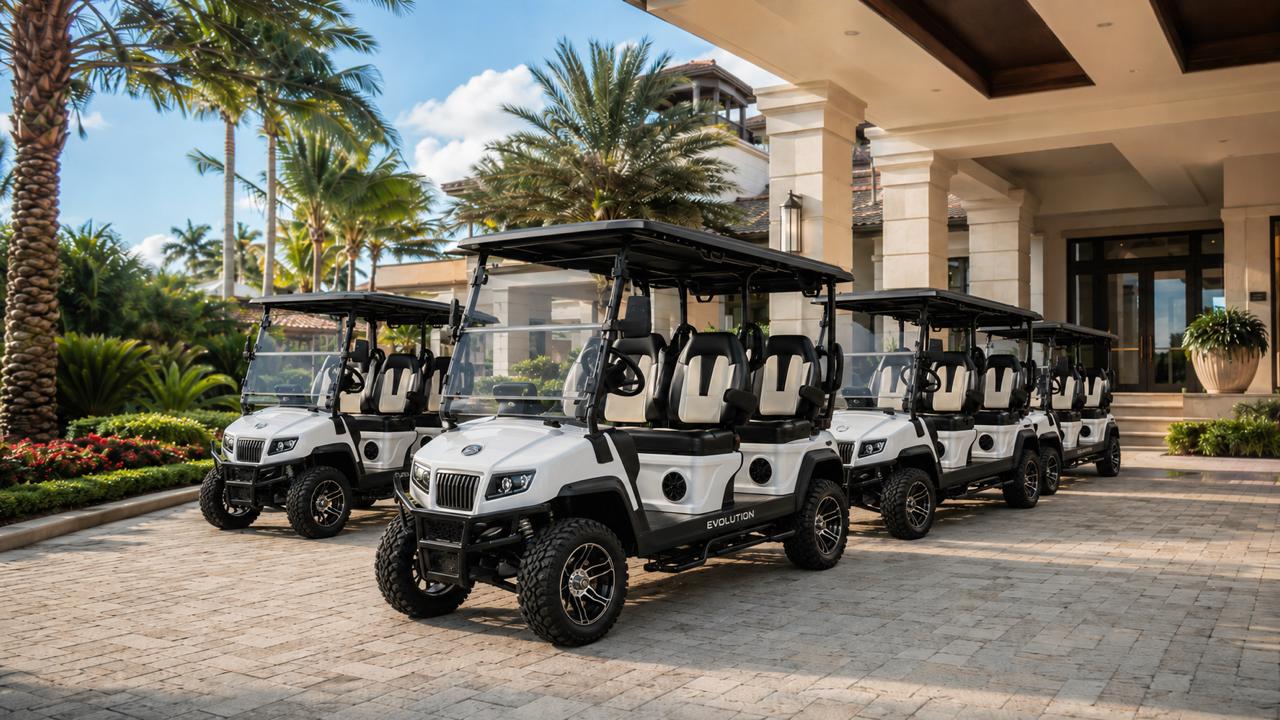 Golf Carts for Resorts and Hotels at Justice Golf Carts Golf carts for resorts and hotels displayed for guest transportation and property operations