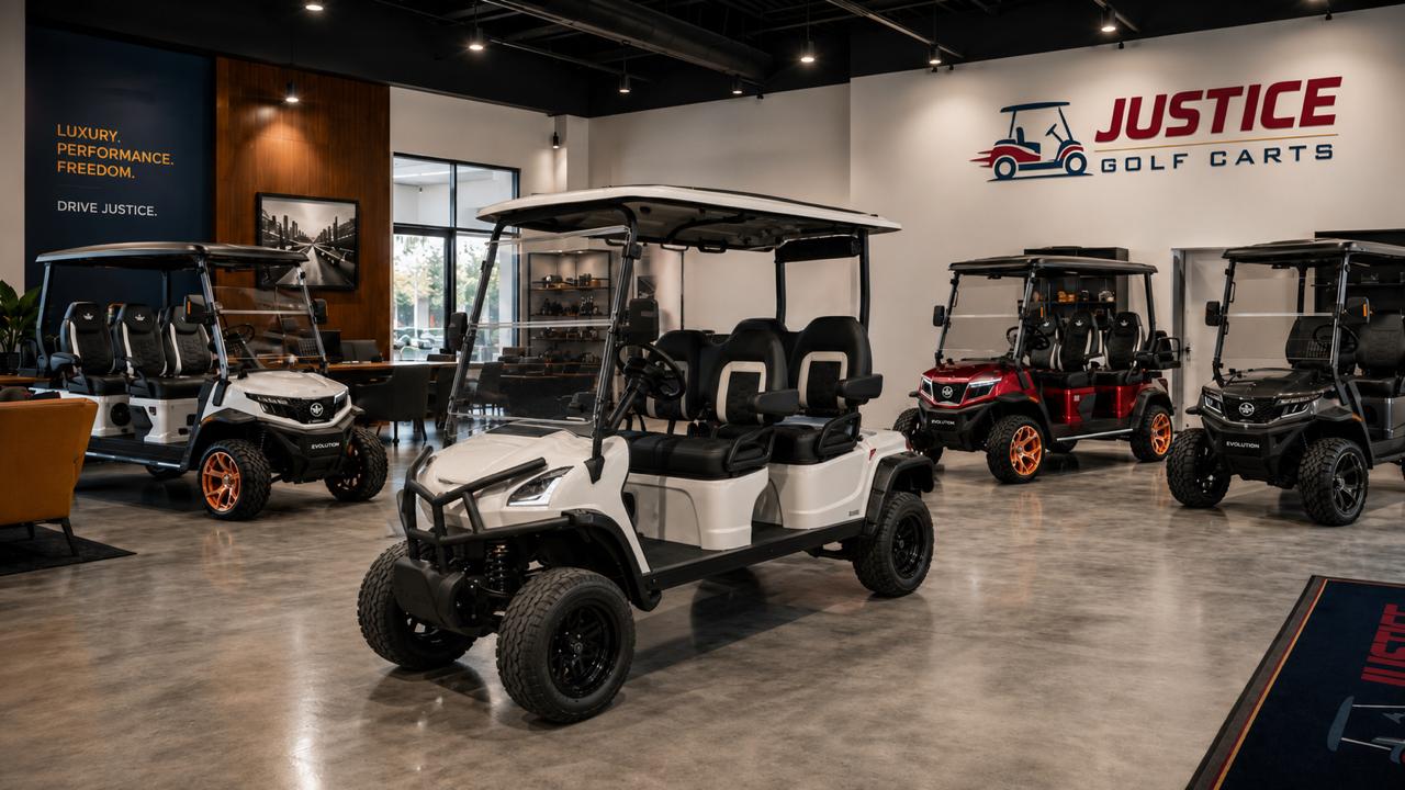 STAR EV Golf Carts for Sale at Justice Golf Carts STAR EV lithium golf cart displayed at Justice Golf Carts showroom for street-ready electric cart buyers